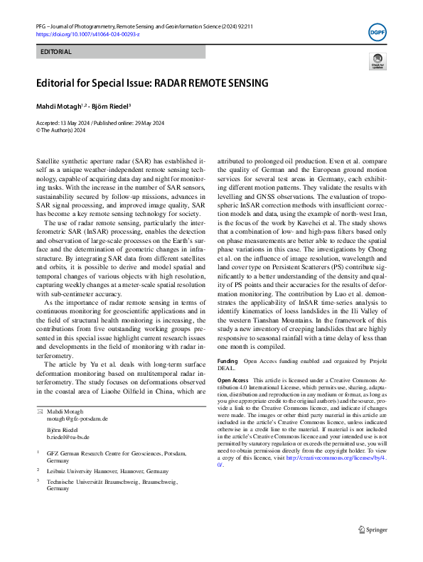(PDF) Editorial for Special Issue: RADAR REMOTE SENSING