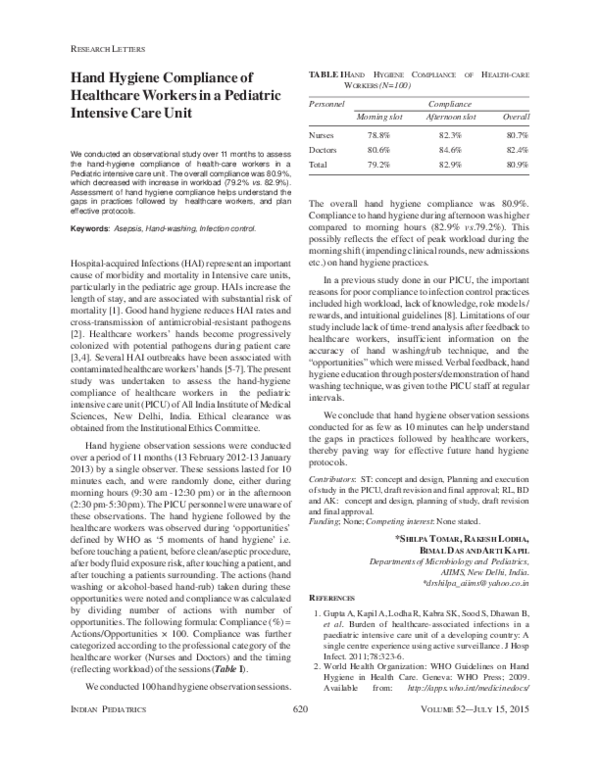 (PDF) Hand Hygiene Compliance of Healthcare Workers in a Pediatric ...