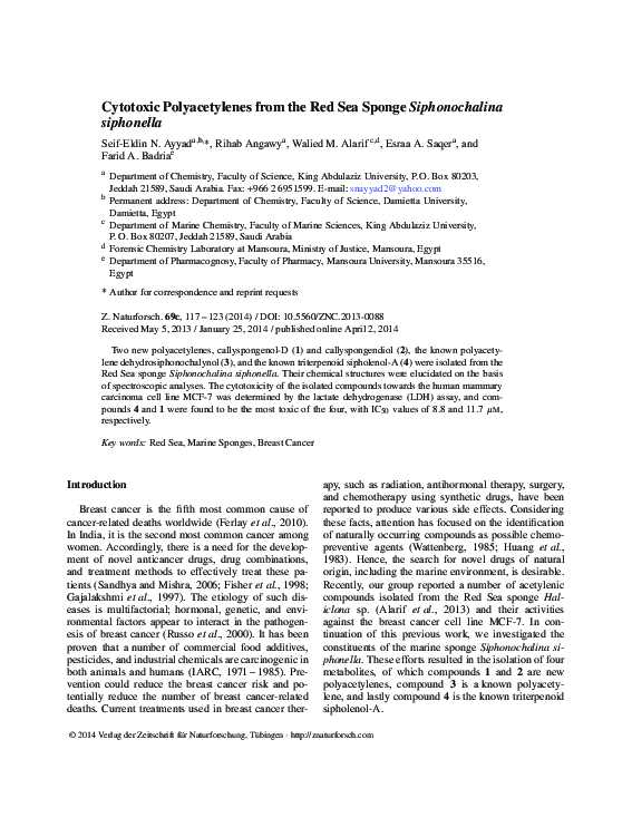 (PDF) Cytotoxic Polyacetylenes from the Red Sea Sponge Siphonochalina ...