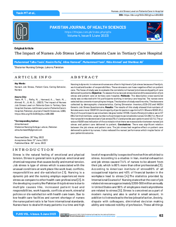 (PDF) The Impact of Nurses Job Stress Level on Patients Care in ...