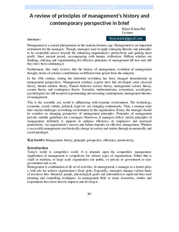 (PDF) A review of principles of management's history and contemporary ...