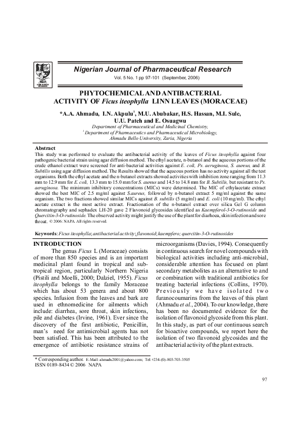 (PDF) Phytochemical and antibacterial activity of ficus iteophylla linn ...