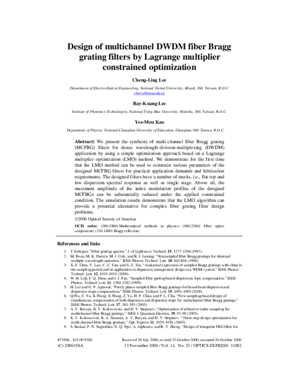 (PDF) Design of multichannel DWDM fiber Bragg grating filters by ...
