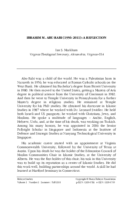(PDF) Ibrahim M. Abu-Rabi (1956-2011): a Reflection
