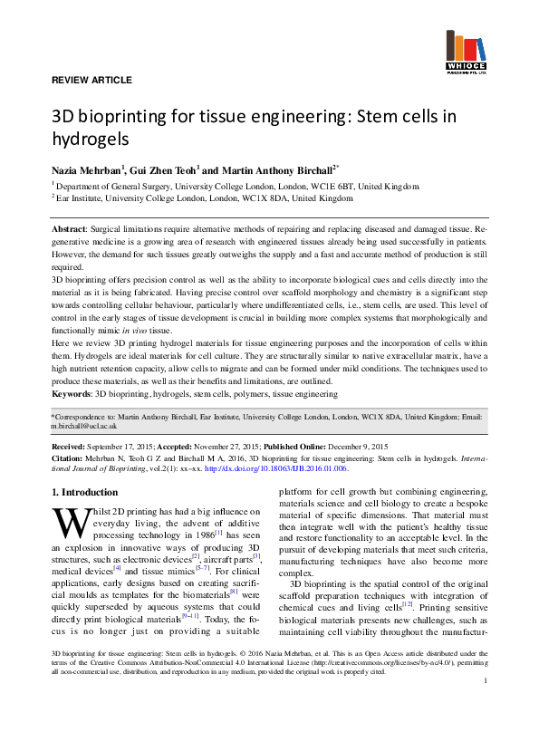 (PDF) 3D bioprinting for tissue engineering: Stem cells in hydrogels