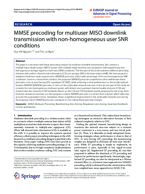 (PDF) MMSE precoding for multiuser MISO downlink transmission with non ...