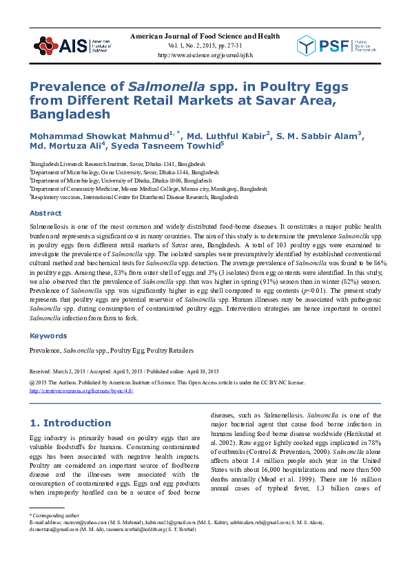 (PDF) Prevalence of Salmonella spp . in Poultry Eggs from Different ...