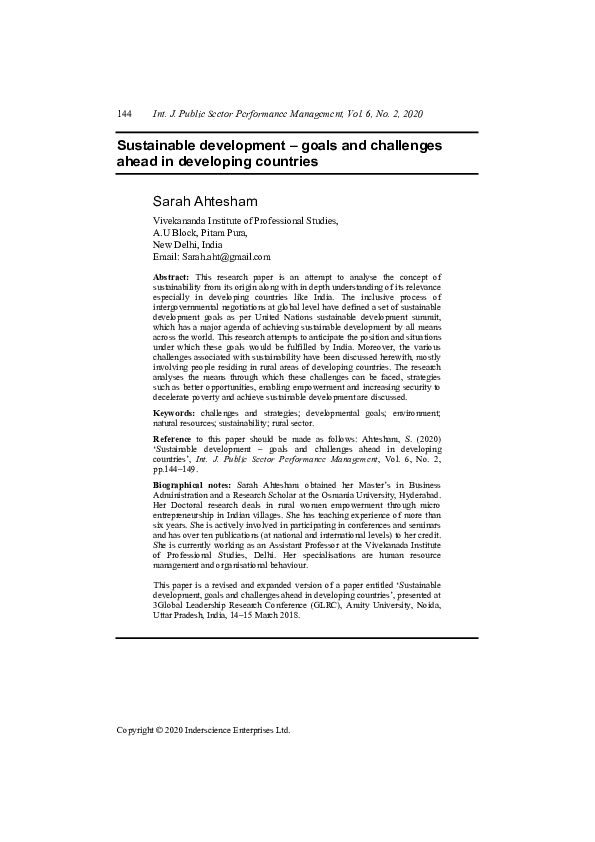 (PDF) Sustainable development - goals and challenges ahead in ...