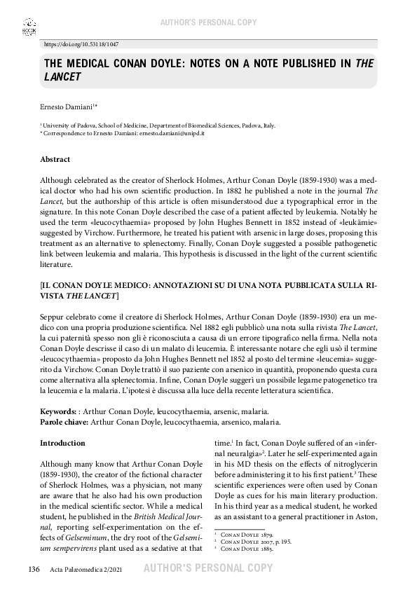 (PDF) THE MEDICAL CONAN DOYLE: NOTES ON A NOTE PUBLISHED IN THE LANCET