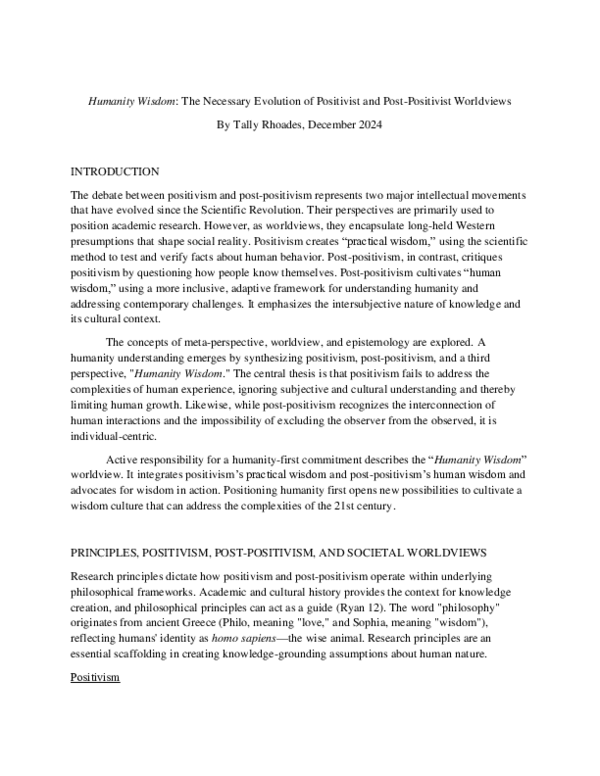 (PDF) Humanity Wisdom: The Necessary Evolution of Positivist and Post ...