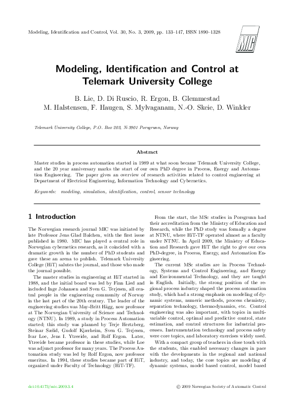 (PDF) Modeling, Identification and Control at Telemark University College