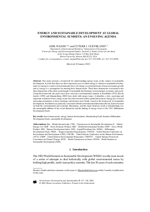 (PDF) Energy and Sustainable Development at Global Environmental Summits