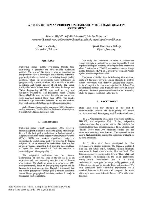 (PDF) A study of human perception similarity for image quality assessment