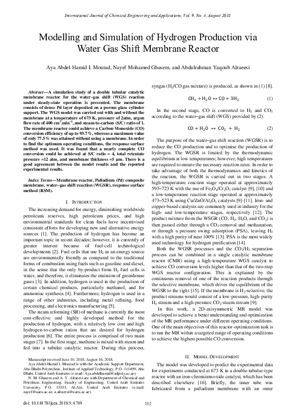 (PDF) Modelling and Simulation of Hydrogen Production via Water Gas ...