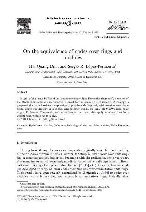 (PDF) On the equivalence of codes over rings and modules