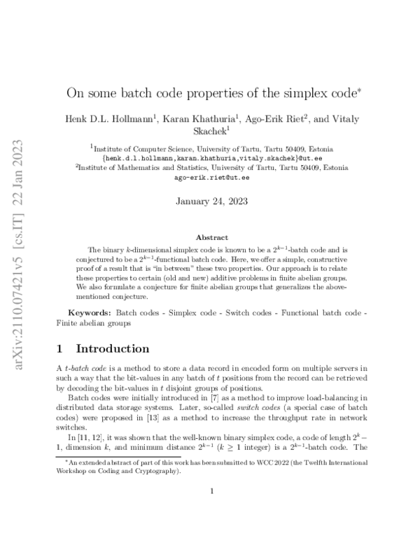 (PDF) On some batch code properties of the simplex code