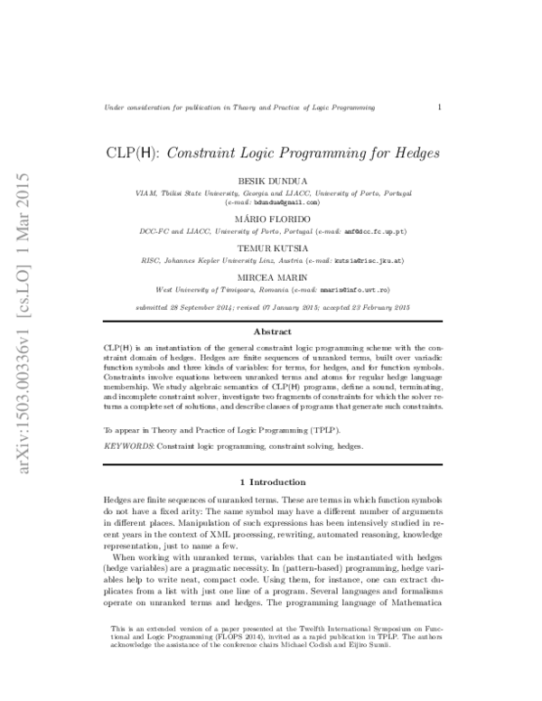 (PDF) CLP(H): Constraint logic programming for hedges