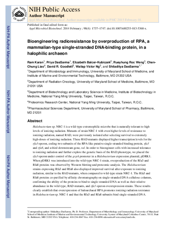 (PDF) Bioengineering radioresistance by overproduction of RPA, a ...