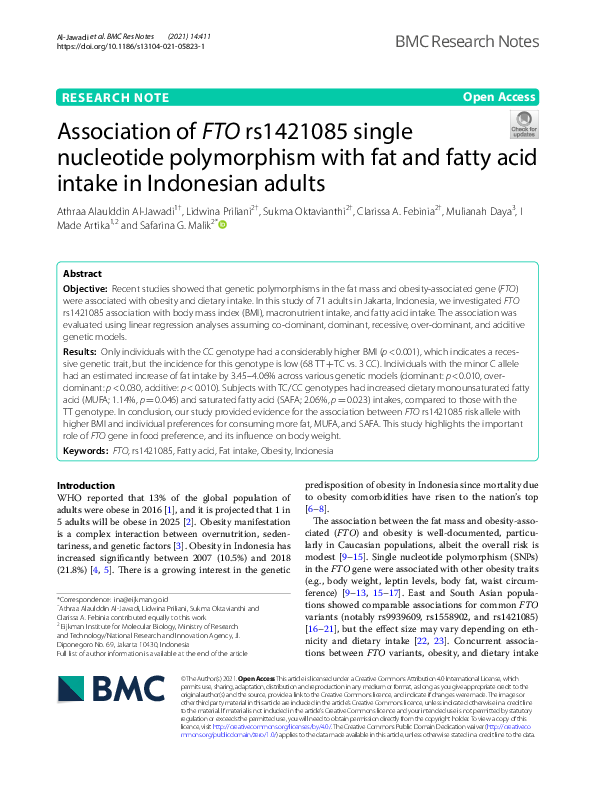 (PDF) Association of FTO rs1421085 single nucleotide polymorphism with ...