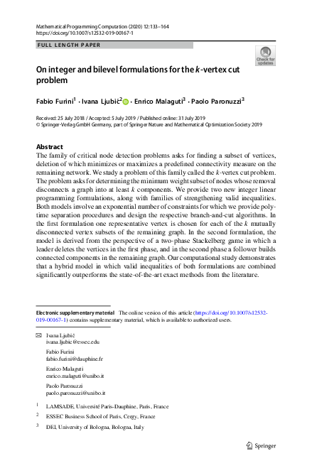 (PDF) On integer and bilevel formulations for the k-vertex cut problem