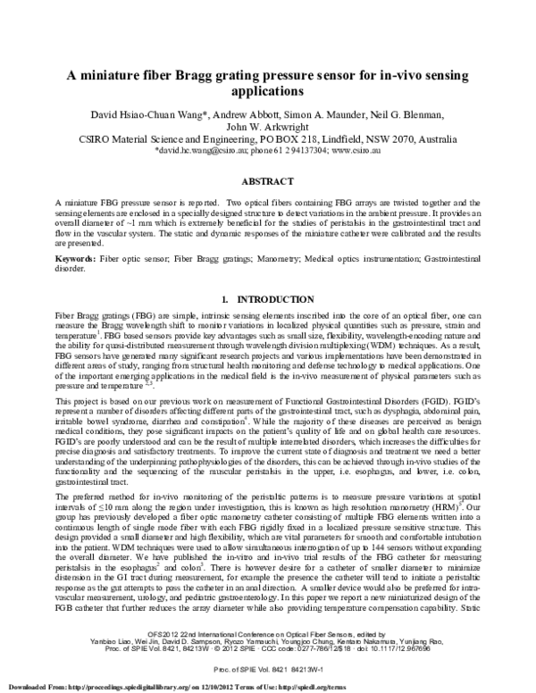 (PDF) A miniature fiber Bragg grating pressure sensor for in-vivo ...