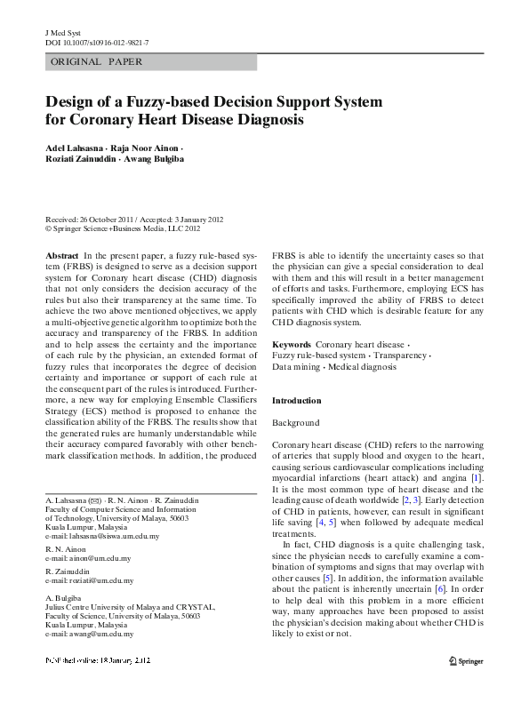 (PDF) Design of a Fuzzy-based Decision Support System for Coronary ...