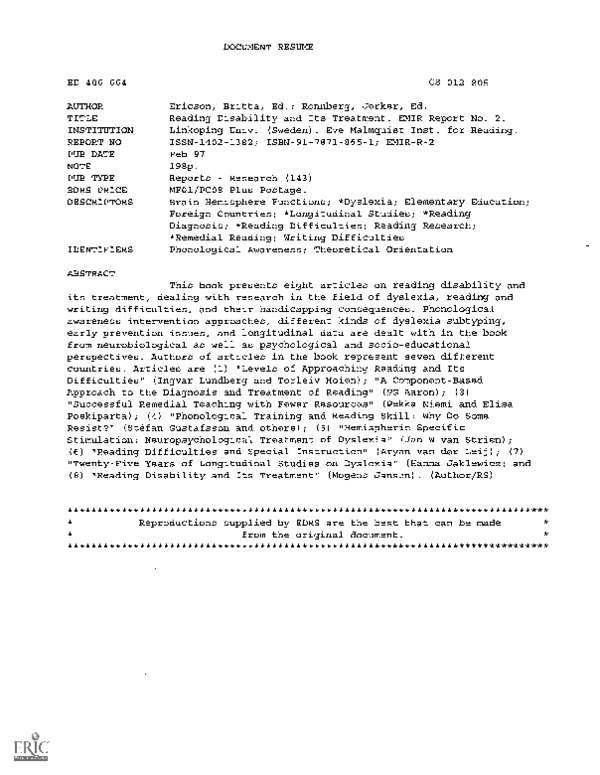 (PDF) Reading Disability and Its Treatment. EMIR Report No. 2