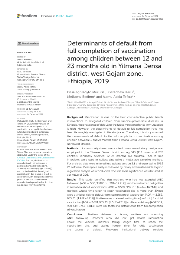 (PDF) Determinants of default from full completion of vaccination among ...