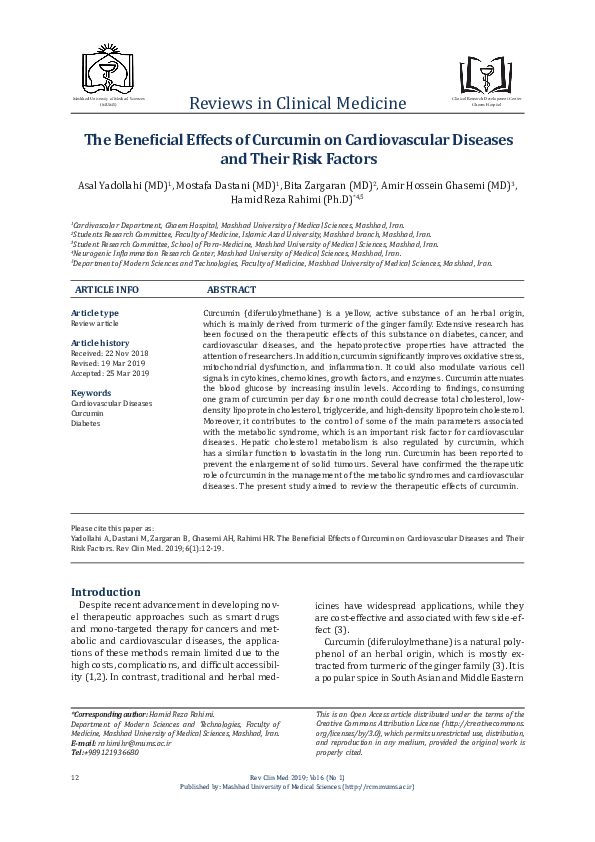 (PDF) The Beneficial Effects of Curcumin on Cardiovascular Diseases and ...