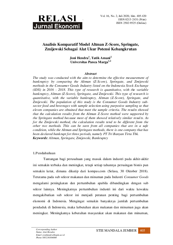 (PDF) Analisis Komparatif Model Altman Z-Score, Springate, Zmijewski ...