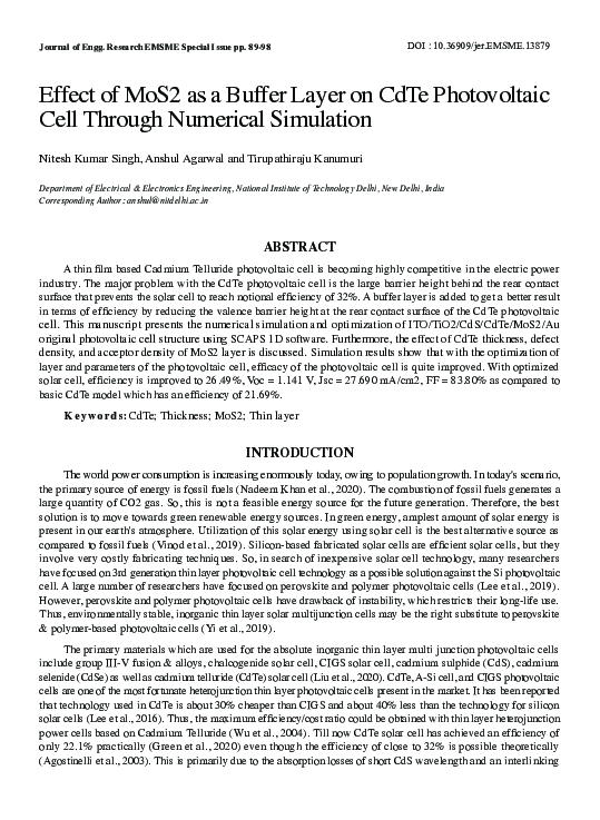 (PDF) Effect of MoS2 as a Buffer Layer on CdTe Photovoltaic Cell ...