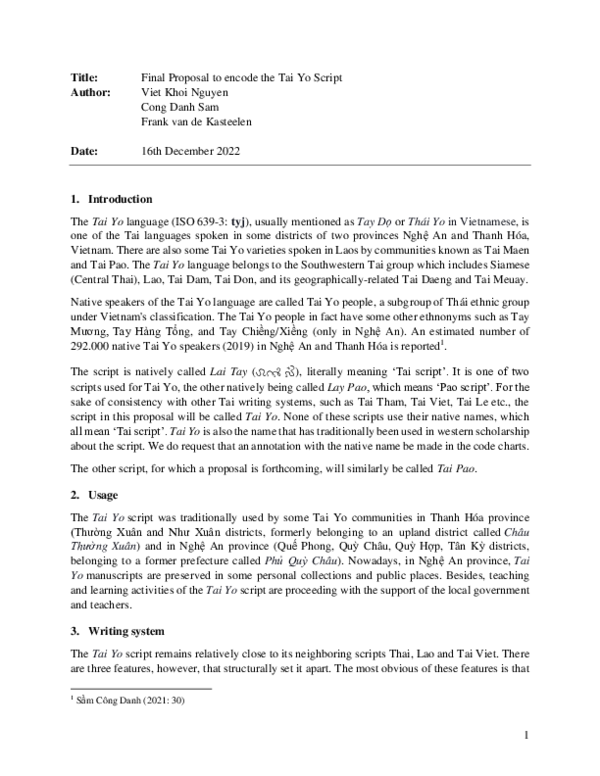 (PDF) Final Proposal to encode the Tai Yo Script Author