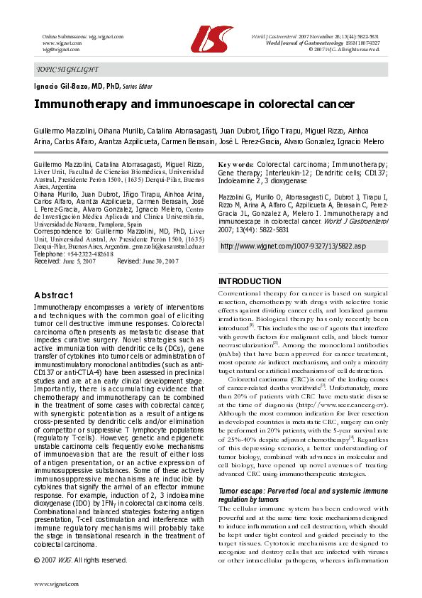 (PDF) Immunotherapy and immunoescape in colorectal cancer