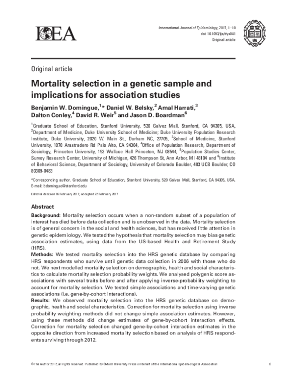 (PDF) Mortality Selection in a Genetic Sample and Implications for ...