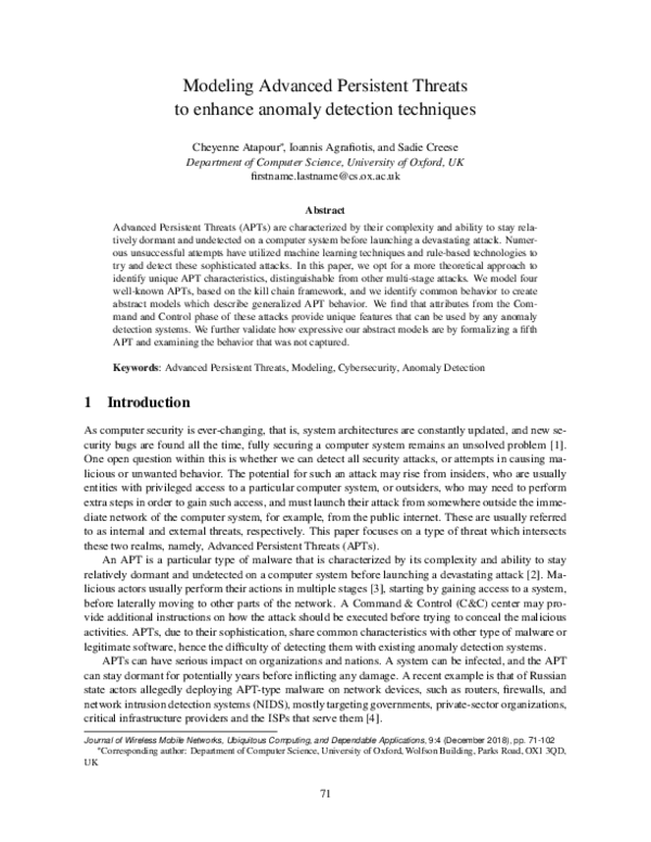 (PDF) Modeling Advanced Persistent Threats to enhance anomaly detection ...