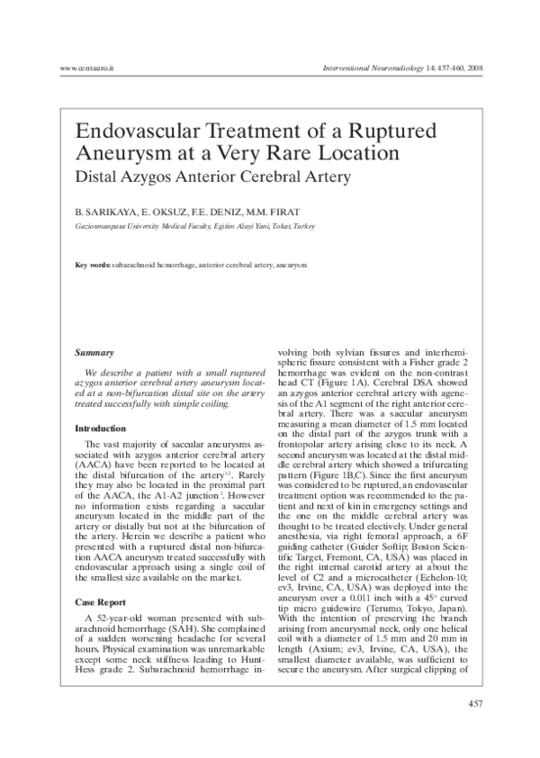 (PDF) Endovascular Treatment of a Ruptured Aneurysm at a Very Rare Location