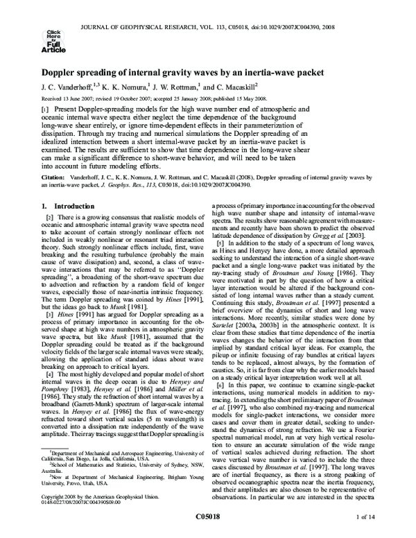 (PDF) Doppler spreading of internal gravity waves by an inertia‐wave packet