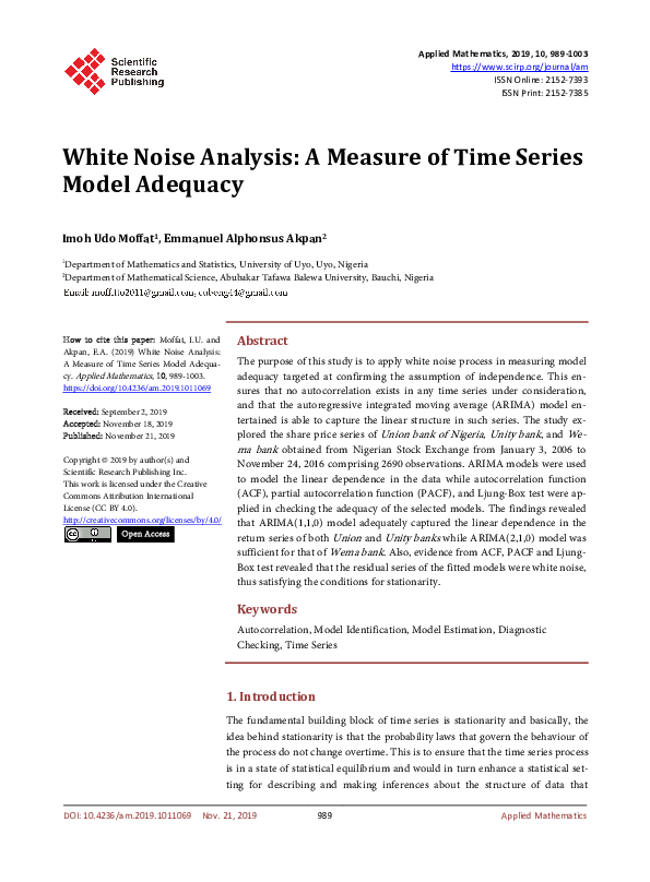 (PDF) White Noise Analysis: A Measure of Time Series Model Adequacy