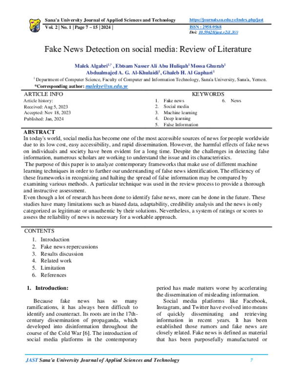 (PDF) Fake News Detection On Social Media:Review of Literature