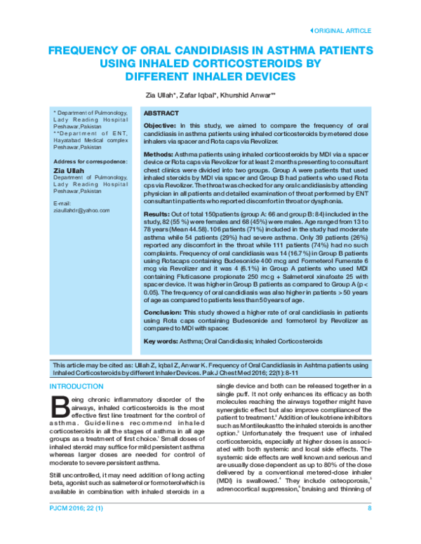 (PDF) Frequency of Oral Candidiasis in Asthma Patients using Inhaled ...