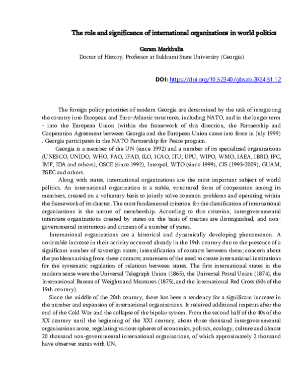 (PDF) The role and significance of international organizations in world ...