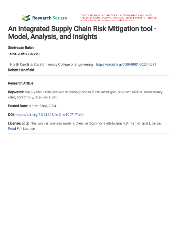 (PDF) An Integrated Supply Chain Risk Mitigation tool - Model, Analysis ...