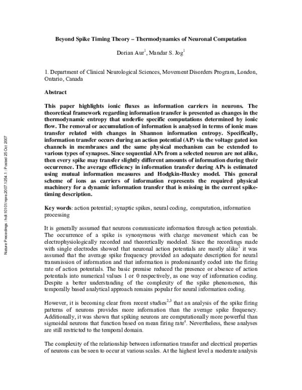 (PDF) Beyond Spike Timing Theory – Thermodynamics of Neuronal Computation