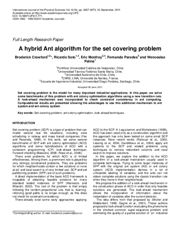 (PDF) A hybrid Ant algorithm for the set covering problem