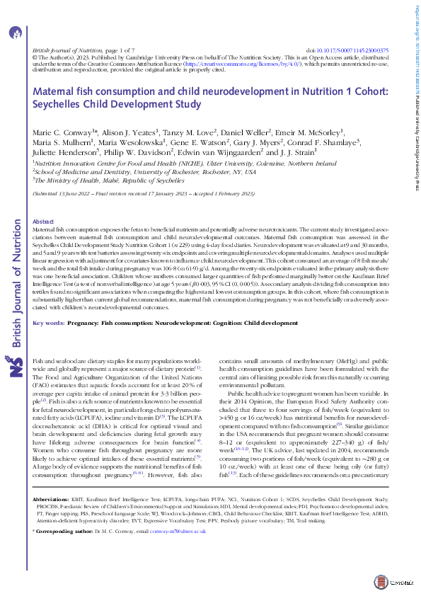 (PDF) Maternal fish consumption and child neurodevelopment in Nutrition ...