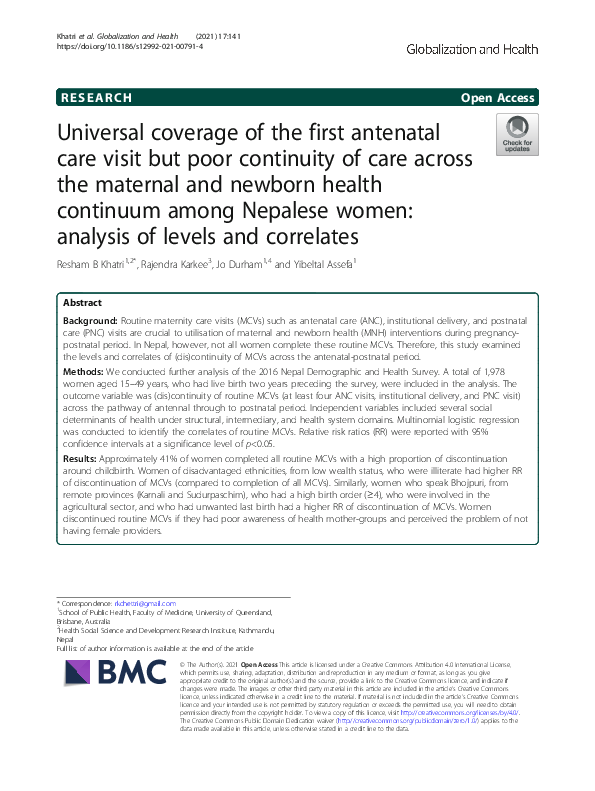 (PDF) Universal coverage of the first antenatal care visit but poor ...