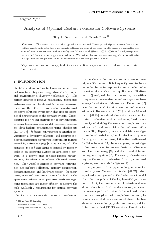 (PDF) Analysis of Optimal Restart Policies for Software Systems