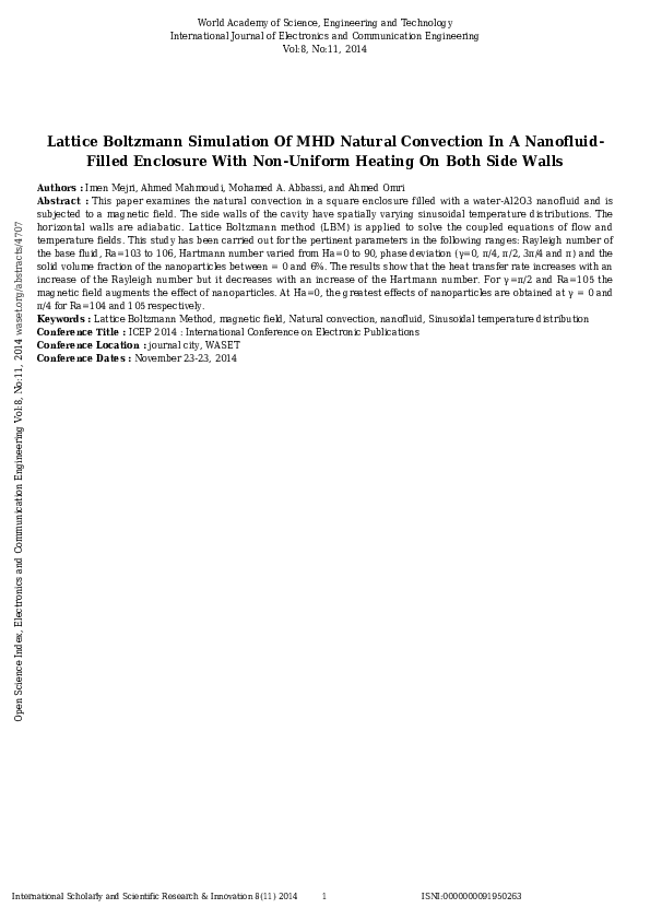 (PDF) Lattice Boltzmann Simulation Of MHD Natural Convection In A ...