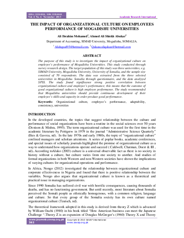 (PDF) THE IMPACT OF ORGANIZATIONAL CULTURE ON EMPLOYEES PERFORMANCE OF ...