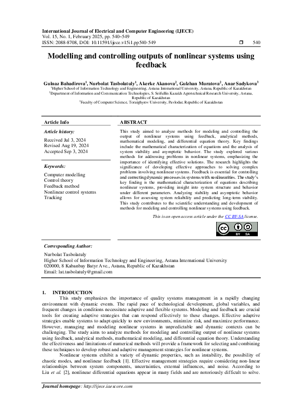 (PDF) Modelling and controlling outputs of nonlinear systems using feedback